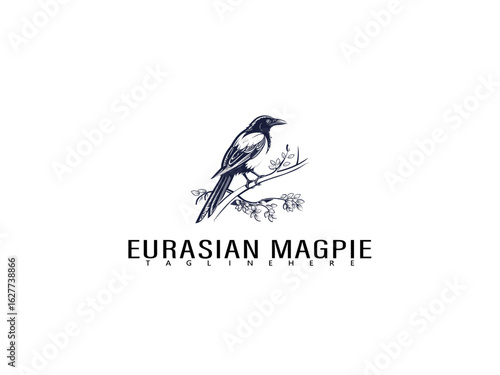 Clean and graceful logo of a perched Eurasian Magpie, black and white vector artwork perfect for eco brands, nature logos, conservation identity projects, and artistic wildlife logo design.

