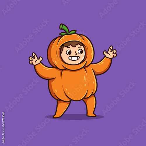 Cartoon character in a toothy pumpkin costume with raised arms on a purple background.