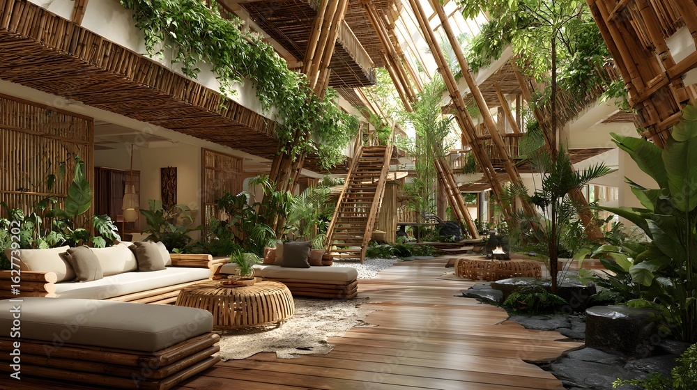 Fototapeta premium Indoor outdoor space of green hotel plant growing along wall open bamboo furniture natural airflow designed sustainable luxury travel tropical climates custom tropical resort background human eye view
