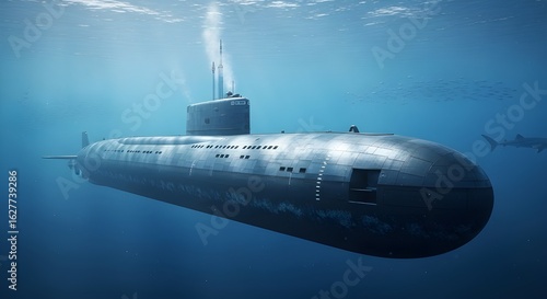 Underwater Ohio Class SSBN Gliding Silently Through Deep Blue Ocean with Sunlight Rays