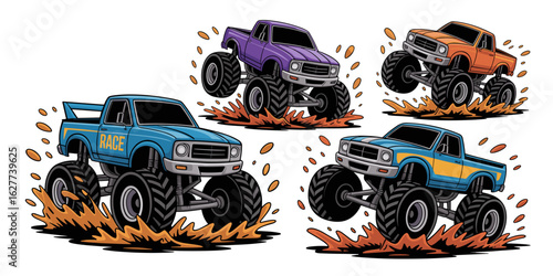 Colorful Trucks Splashing in Muddy Terrain