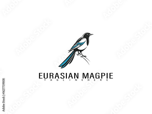 Monochrome illustration of elegant Eurasian Magpie perched on branch in stylized silhouette, ideal for conservation brand identity, eco packaging labels, and wildlife-themed vector collections.

