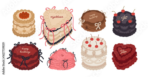 Cake set, vintage confectionery designs with whipped cream swirls. Sweet dessert with retro decor. Holiday patisserie for birthday, wedding. Flat vector illustration isolated on white background