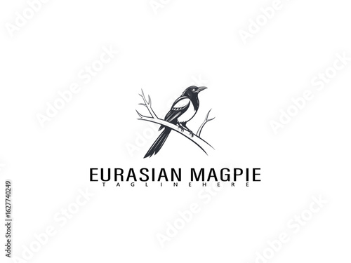 Graceful vector logo of Eurasian Magpie perched on a branch, monochrome bird illustration perfect for elegant branding, wildlife-themed businesses, and high-end packaging and conservation logos.

