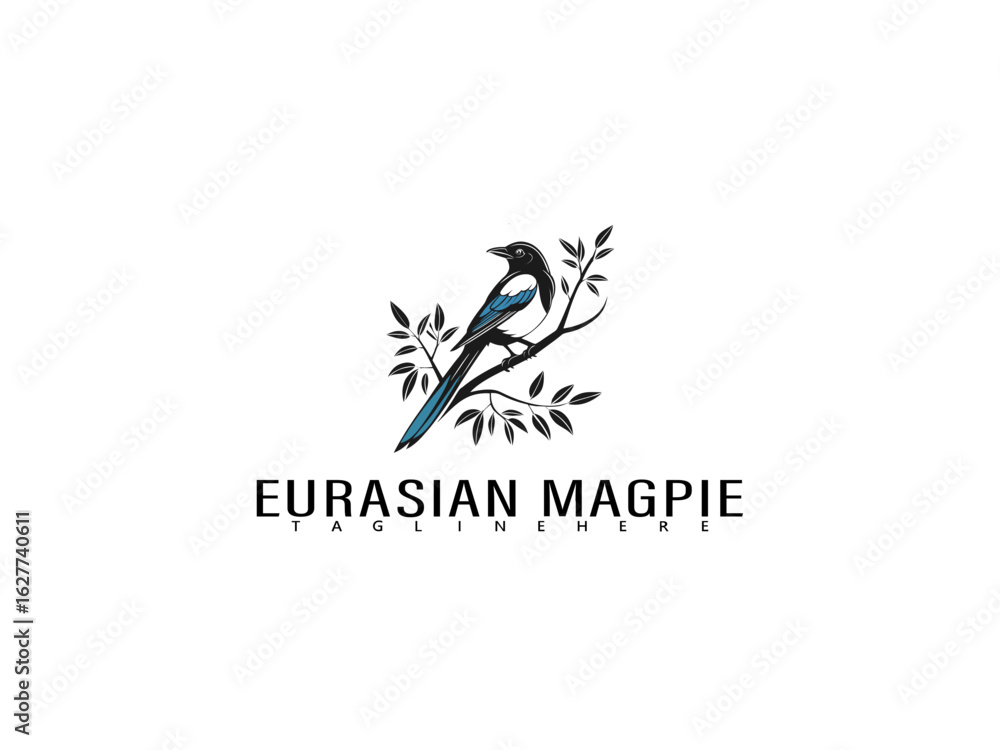 Fototapeta premium Beautiful black and white illustration of Eurasian Magpie perched on curved branch, vector logo template ideal for minimalist branding, nature-themed packaging, or bird illustration design sets.