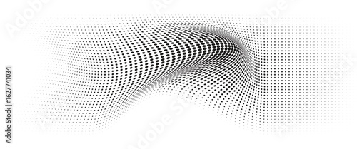 Flowing Wave Dot Halftone Pattern: Curve Gradient Shape on Transparent Background. Suitable for AI, Tech, Network, Digital, Science, and Technology Themes.