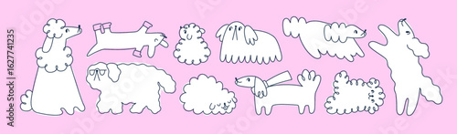 Cute funny doodle dogs set. Fluffy puppies, playful scribble outline, freehan...