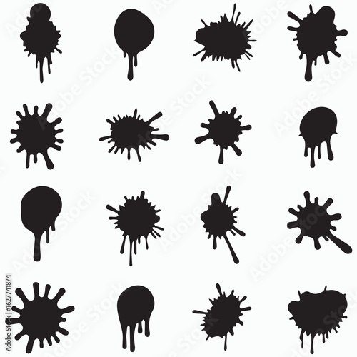  Vector Ink Splatter Silhouettes Set with Dripping Paint Blots and Grunge Drops Isolated on White Background for Design Use