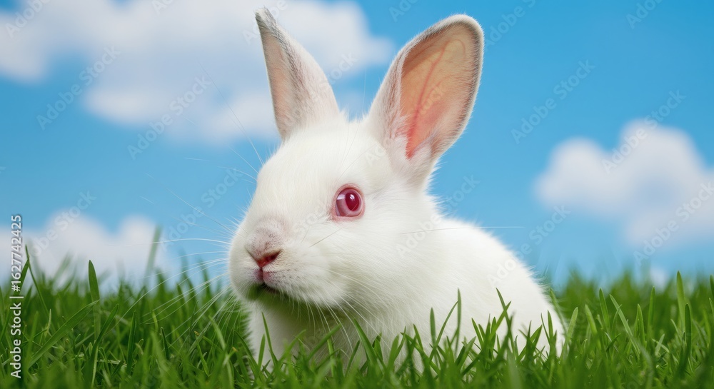 Fototapeta premium Albino Bunny Bliss White Rabbit in Lush Grass Against Blue Sky.