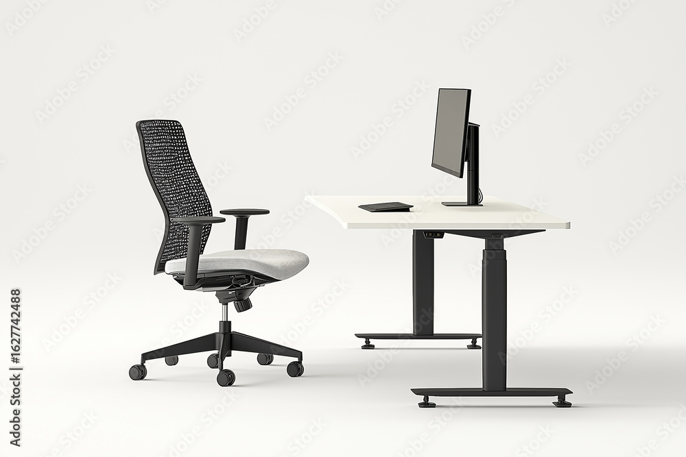 Obraz premium Office workspace with adjustable desk and ergonomic chair