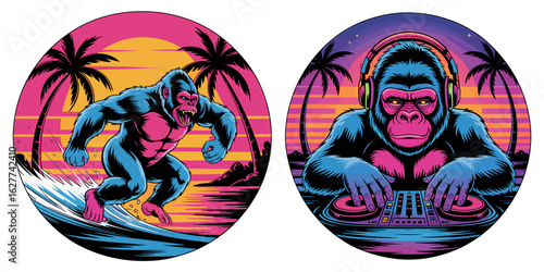 Surfing Gorilla DJ Performance at Tropical Beach Party in Vibrant Colorful Style