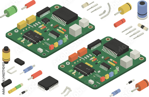 Electronic circuit board set, green PCBs with components, resistors and capacitors, integrated circuits, tech hardware, engineering vector graphics, assembly parts