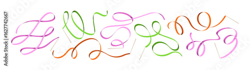 Rhythmic ribbon swirls, loops patterns, flowing motion. Dynamic shape, curl and twist in artistic gymnastics dance. Wavy strip on stick, movement. Flat vector illustration isolated on white background