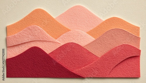 Stacked, layered, soft-edged mountains in a spectrum of peachy-coral and rose hues on a light beige background