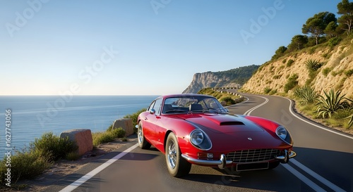 Classic Red Sports Car on Scenic Coastal Road