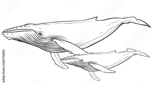 Two whales, mother and calf, in profile view