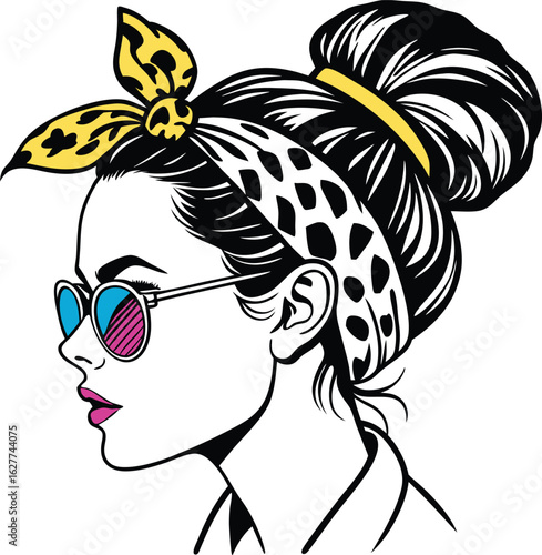 A stylish and modern illustration of a teacher with a high bun hairstyle 