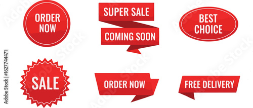Red sale badges and banners with messages on white background
