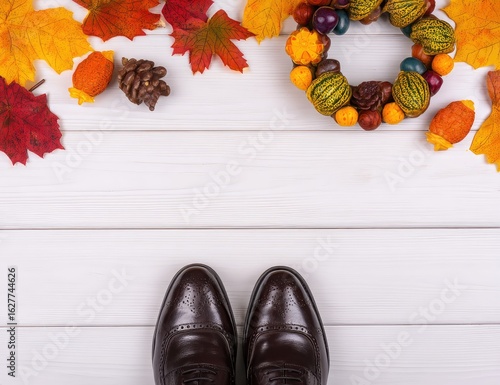 Autumnal scene with fall leaves, acorns, a decorative wreath, and brown leather shoes on a white wooden background