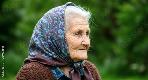 Wise elder a portrait of a woman with character and a colorful headscarf.