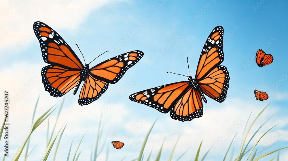 Fototapeta premium Monarch Butterflies Flying in Slow Circles Above a Meadow