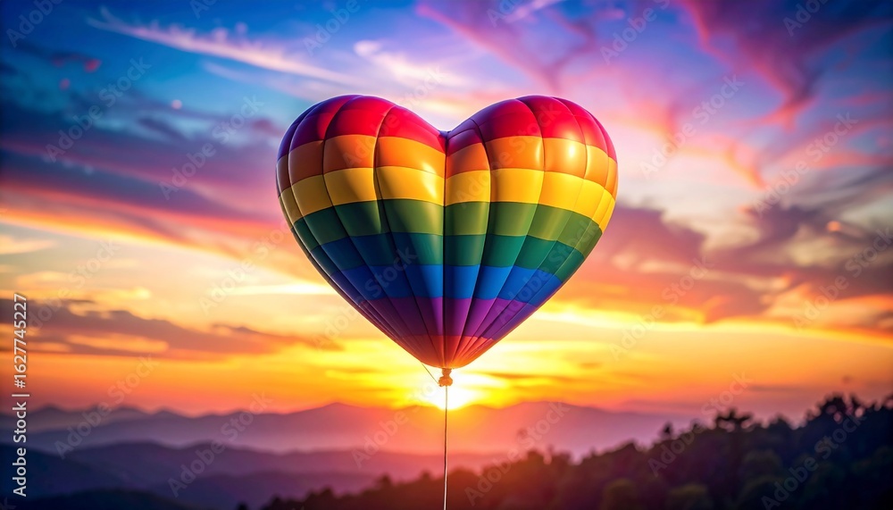 Fototapeta premium Rainbow Heart Hot Air Balloon at Sunset