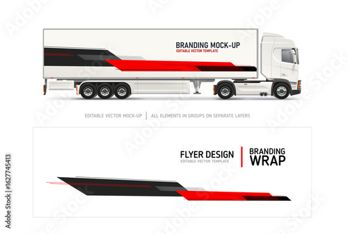 Truck Branding Mockup with Abstract Wrap Design – Vector Template. Editable vector truck mockup with abstract red and black wrap. Perfect for commercial vehicle branding, fleet graphics, advertising 
