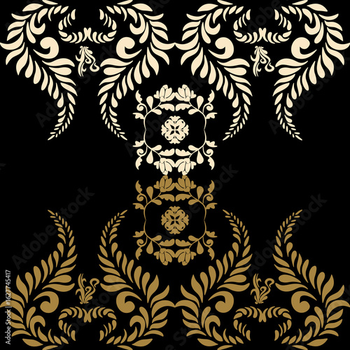 An artwork seamless ethic Songket Padang textile pattern  geometric motifs in a warm rose gold on  black background. Classic design symmetrical borders traditional weaving artistry.