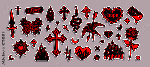 Red Gothic Tattoo Style Stickers – Y2K Emo Aesthetic, Crosses, Hearts, Flames and More – Editable Vector Set. Black and Red Vintage Crybaby and Punk Stickers in Y2K Dark aesthetic style	