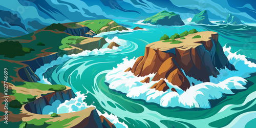 Vibrant blue ocean water surrounds a tropical island with lush green trees, set against a clear summer sky