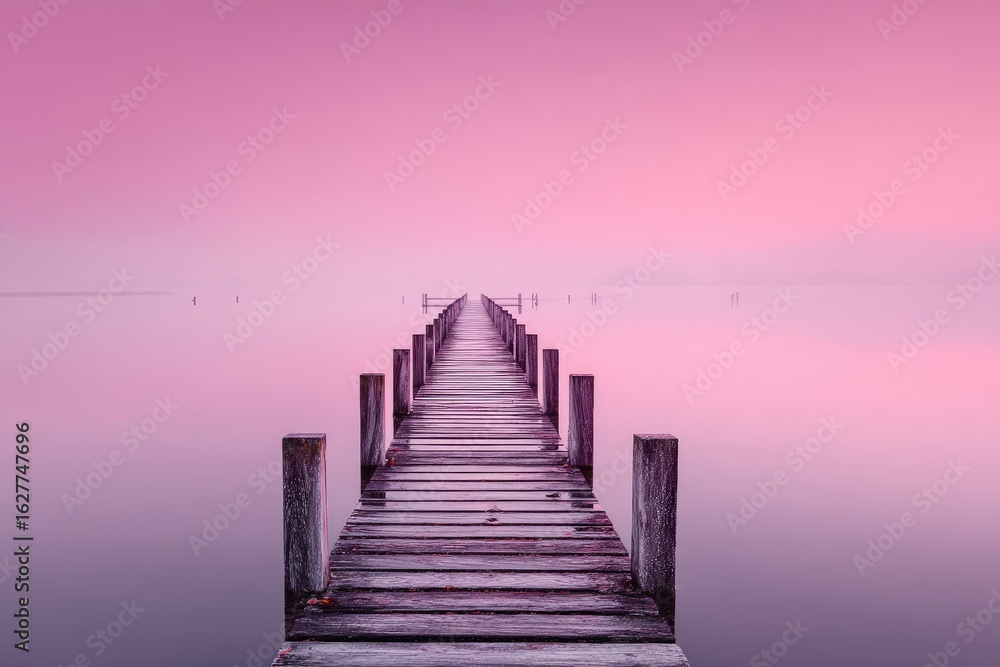 Obraz premium Misty pink sunrise over a wooden pier