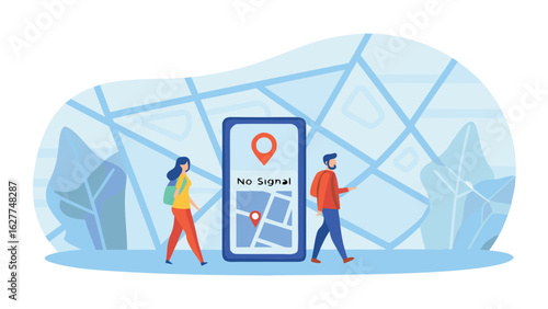 Illustration of people walking past a phone with a no signal message and a map with a location pin