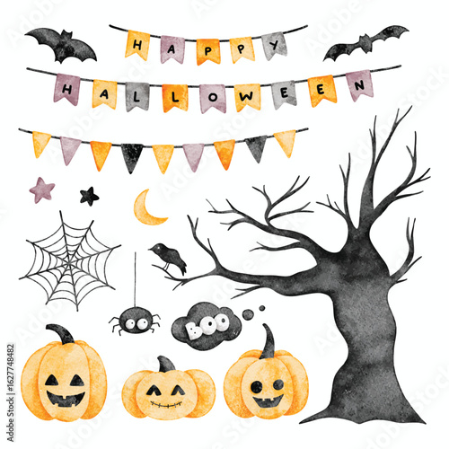 Watercolor Illustration Set of Halloween Elements Clipart