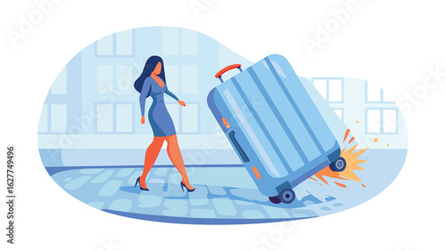 Woman walking with a broken suitcase on a city street with buildings in the background and sparks flying