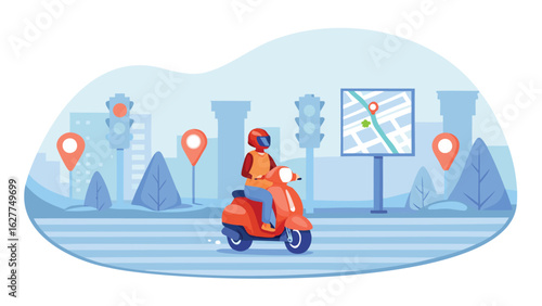A delivery person riding a scooter with a map and location pins in a city background illustration