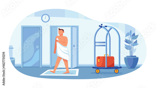 Illustration of a man in a towel walking out of a door with a luggage cart and plant nearby