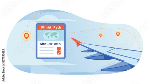 Airplane wing view with flight path information and altitude details in a travel application interface