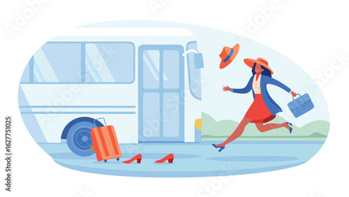 Woman running to catch the bus with her luggage and hat flying off in a hurry and losing her shoes