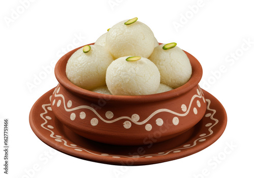 Delicious rasgulla sweet dessert in earthen pot isolated on transparent background