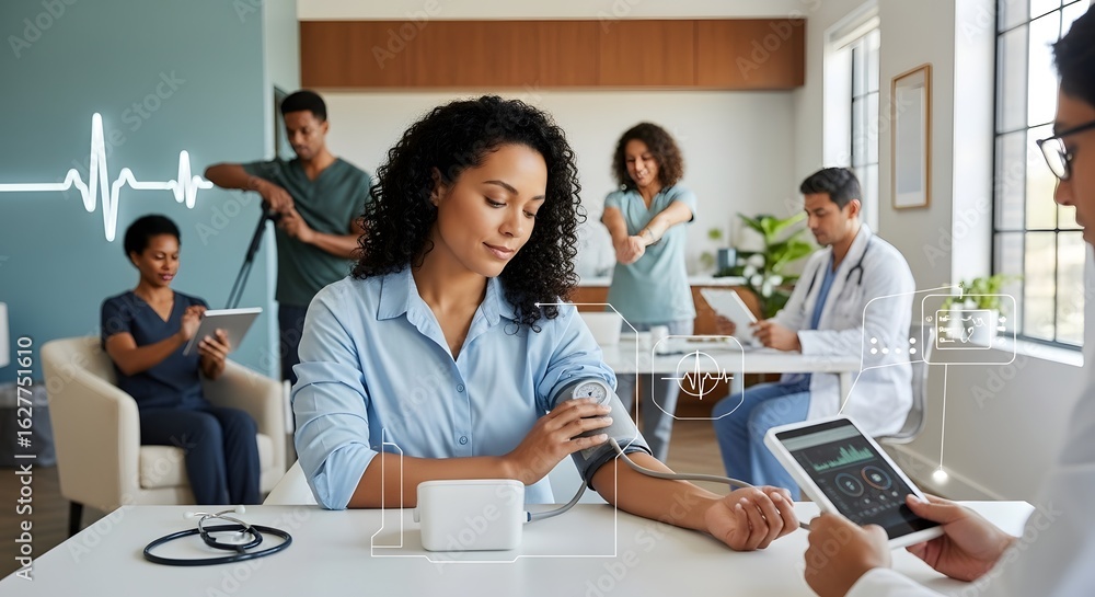 Fototapeta premium Patient Using Digital Blood Pressure Monitor with Healthcare Team