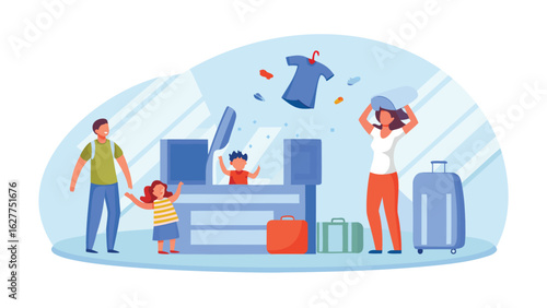 Family preparing for travel at airport check in with luggage and a flying shirt on a hanger near counter