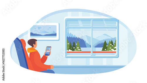 Person looking at phone on a train with a winter landscape outside the window and a landscape picture hanging