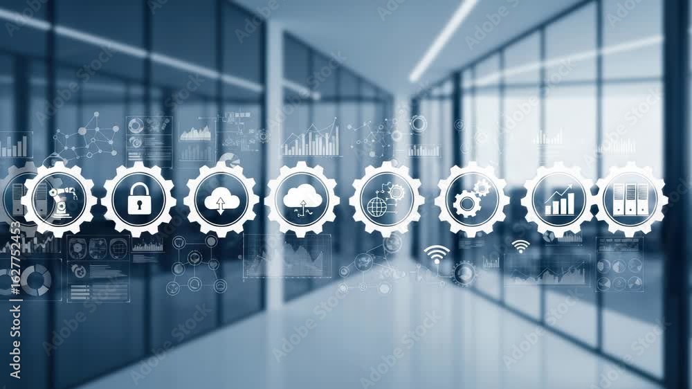A modern office interior showcases a digital interface with interconnected gears representing various business and technology concepts like cloud computing, automation, and data analysis