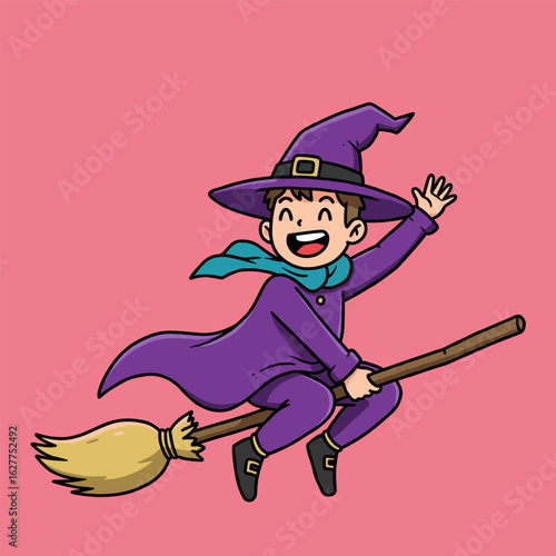 Cartoon witch riding a broomstick, smiling and waving in mid-air, dressed in a purple outfit with gold buckles, against a solid pink background.