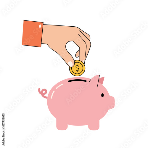 Hand placing coin into pink piggy bank for saving money  