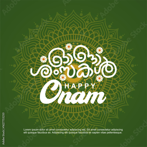 South India Kerala Onam festival vector illustration with happy onam typography in malayalam text on beautiful mandala background. Best for social media post, greeting, banner, background and flyer