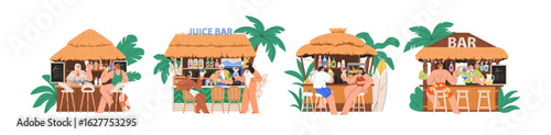Beach bars set. Tourists at exotic cocktail hut, tropical summer vacation. Beachside paradise resort with alcohol drinks, holiday beverage, palm. Flat vector illustration isolated on white background