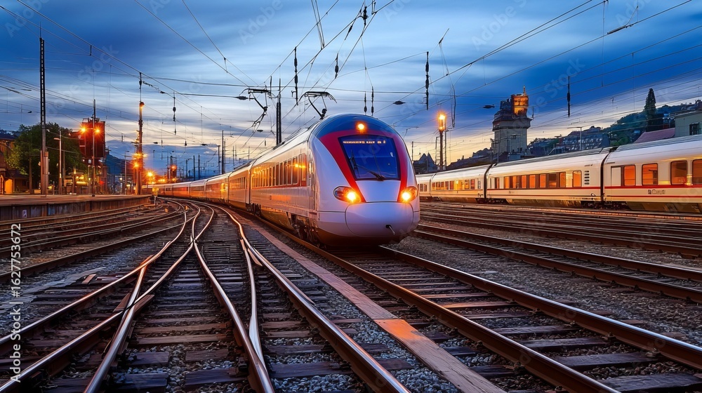 Fototapeta premium Nighttime View of a Modern Intercity Railway Station with Commuter Trains and Busy Platforms
