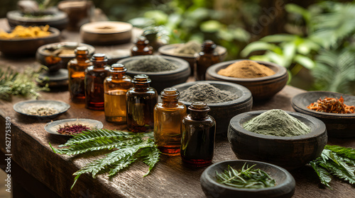 ayurvedic wellness display, amber glass bottles of ayurvedic oils on table, with fresh leaves clay bowls of powdered herbs