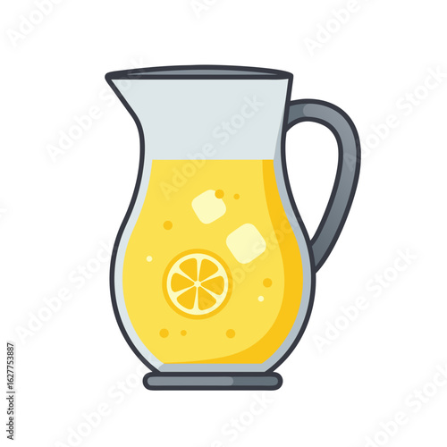 Pitcher of lemonade with ice and lemon slices in flat design  